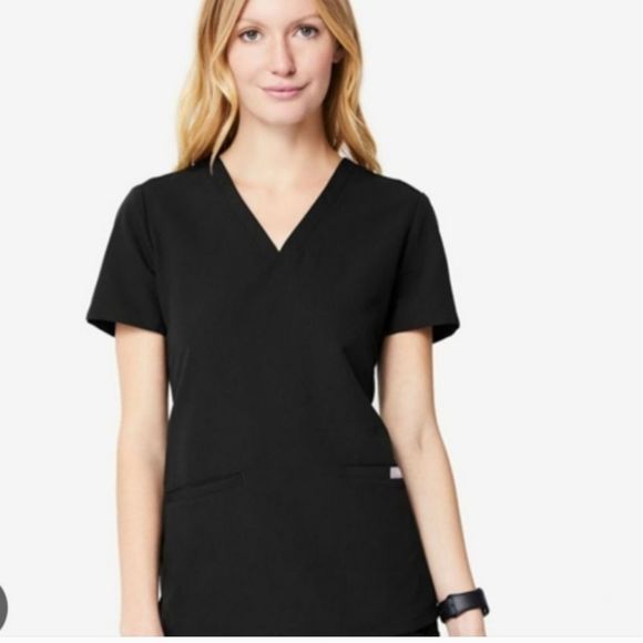 Figs Classic Black V-Neck Short Sleeve Top - Picture 1 of 12